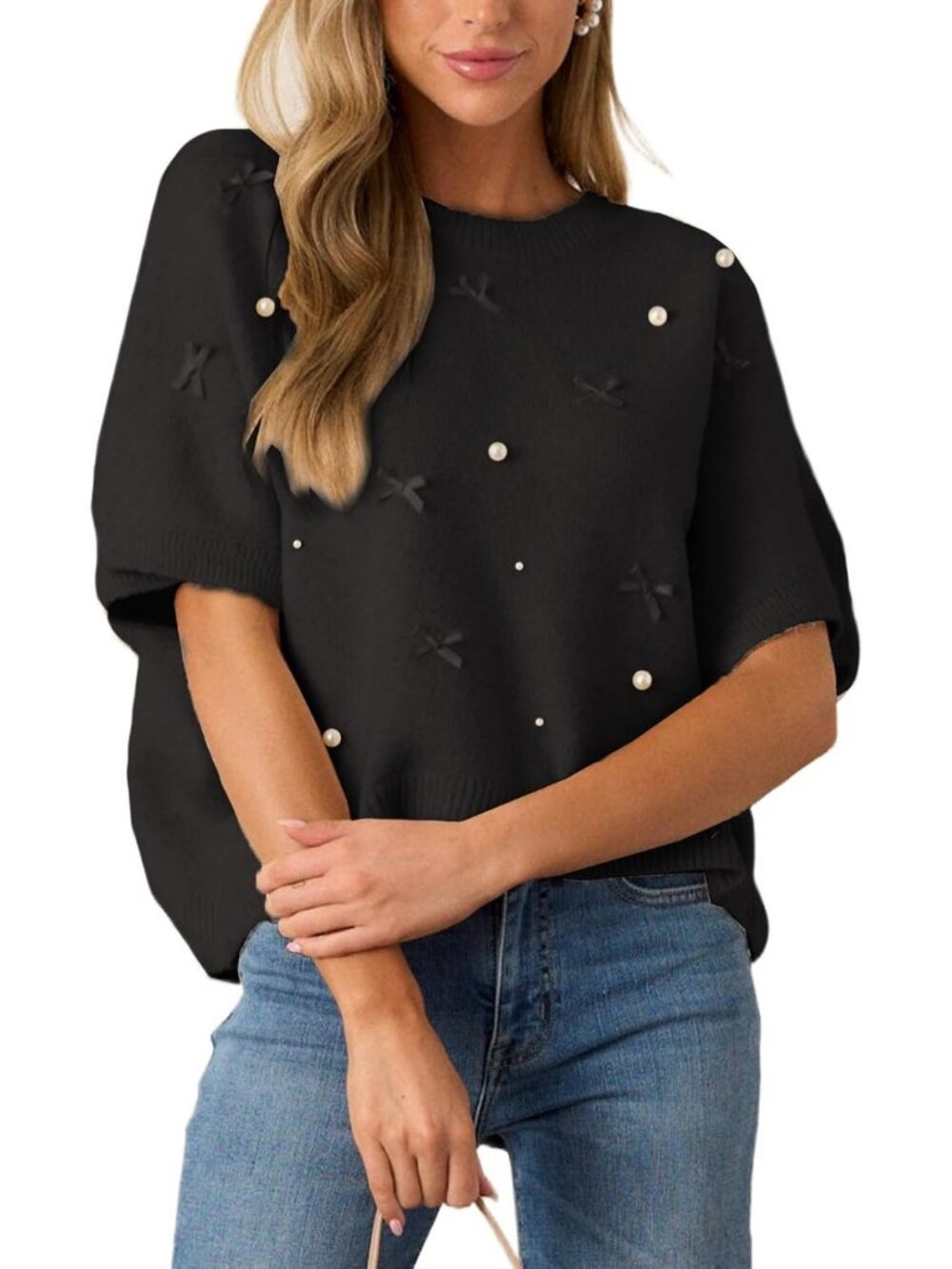 Chic Women's Cropped Bow Sweater - Short Sleeve Crewneck Pearl Embellished Knit
